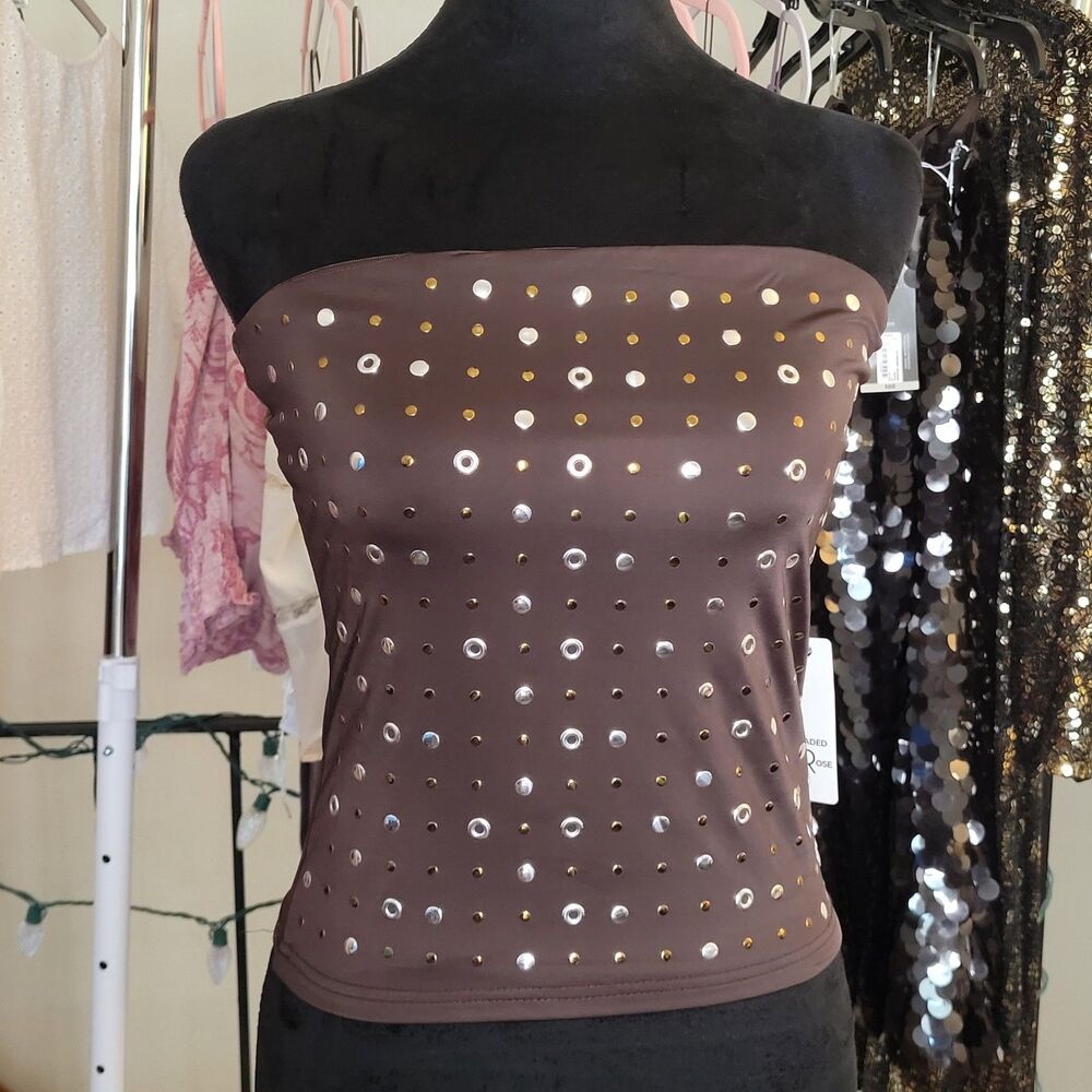 Faded Rose Strapless Top Women's Brown Studded Grommet Tube Top Size Medium